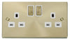Satin Brass - White Inserts Satin Brass 2 Gang 13A DP Ingot Twin Double Switched Plug Socket - White Trim