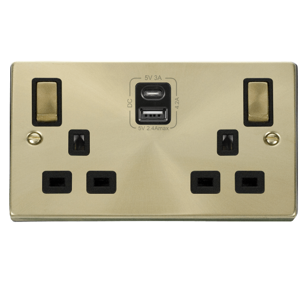 Satin Brass 2 Gang 13A DP Ingot Type A & C USB Twin Double Switched Plug Socket - Black Trim