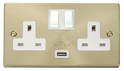 Satin Brass - White Inserts Satin Brass 2 Gang 13A 1 USB Twin Double Switched Plug Socket - White Trim