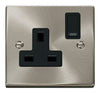 Satin Chrome - Black Inserts Satin Chrome 1 Gang 13A DP Switched Plug Socket - Black Trim