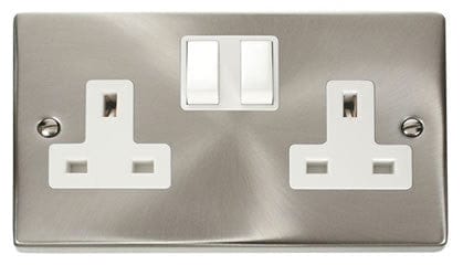Satin Chrome - White Inserts Satin Chrome 2 Gang 13A Twin Double Switched Plug Socket - White Trim