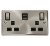 Satin Chrome 2 Gang 13A DP Ingot Type A & C USB Twin Double Switched Plug Socket - Black Trim