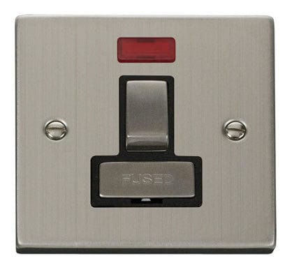 Stainless Steel - Black Inserts Stainless Steel 13A Fused Ingot Connection Unit Switched With Neon - Black Trim