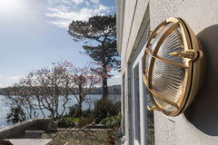 Carlisle Grid Prismatic Glass Lacquered Brass IP66 Bulkhead Wall Light - The Outdoor & Bathroom Collection - SE Home