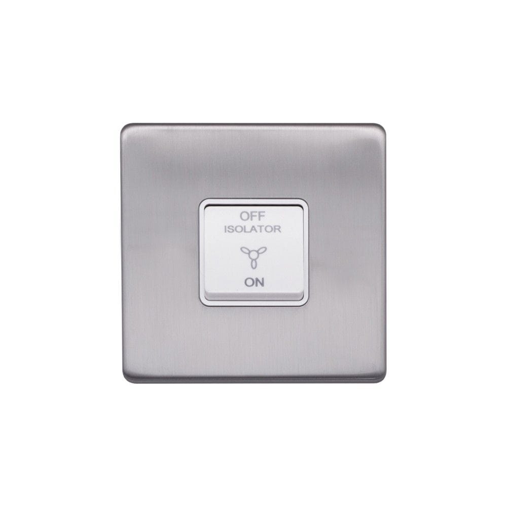 Screwless Raised - Brushed Chrome 10A 1 Gang 1 Way 3-Pole Fan Isolator Switch - White Trim - SE Home