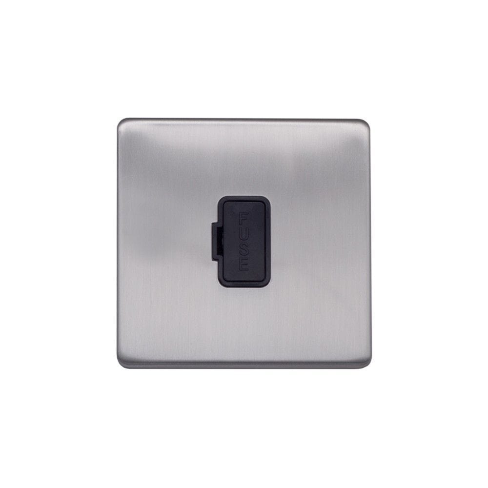 Screwless Raised - Brushed Chrome 13A UnSwitched Fuse Connection Unit - Black Trim - SE Home
