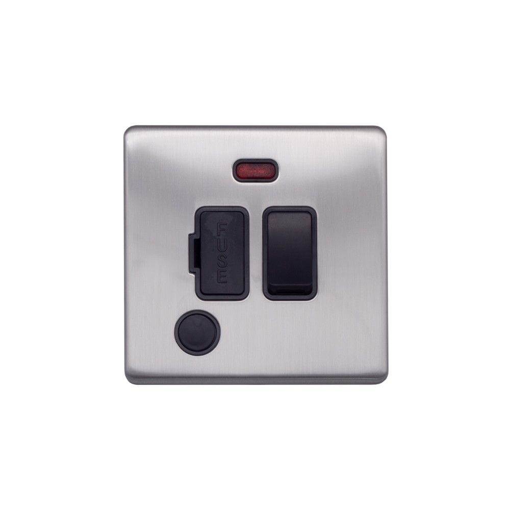 Screwless Raised - Brushed Chrome 13A Switched Fuse Connection Unit & Flex Outlet/Neon - Black Trim - SE Home