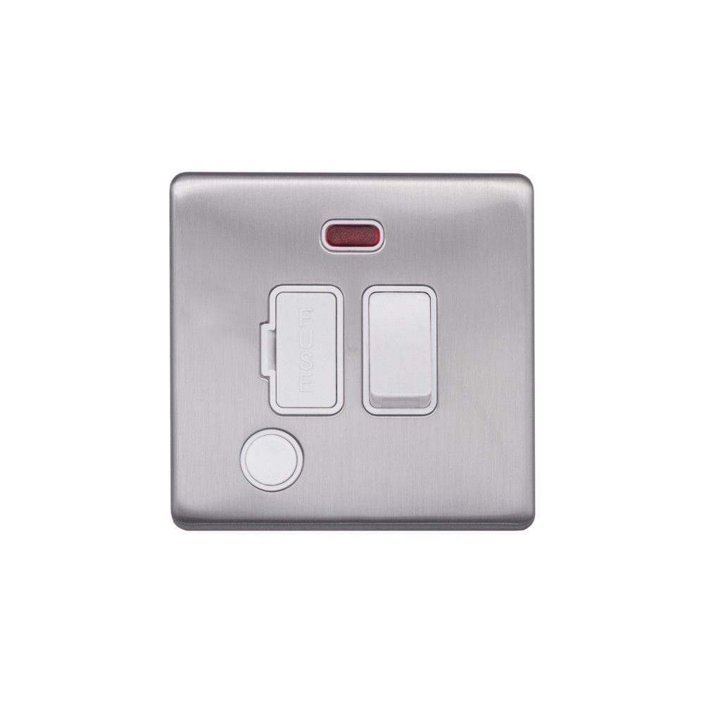 Screwless Raised - Brushed Chrome 13A Switched Fuse Connection Unit & Flex Outlet/Neon- White Trim - SE Home