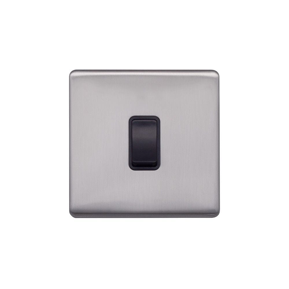 Screwless Raised - Brushed Chrome 20A 1 Gang Double Pole Switch - Black Trim - SE Home