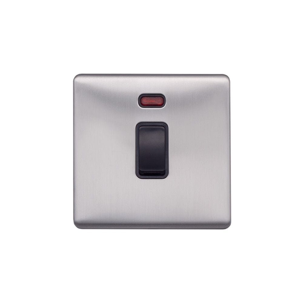 Screwless Raised - Brushed Chrome 20A 1 Gang Double Pole Switch & Neon-Black Trim - Black Trim - SE Home