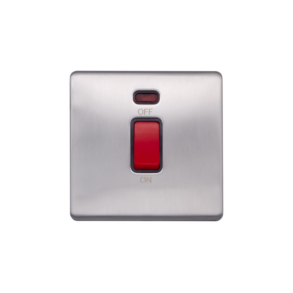 Screwless Raised - Brushed Chrome 45A 1 Gang Double Pole Switch, Single Plate - Black Trim - SE Home