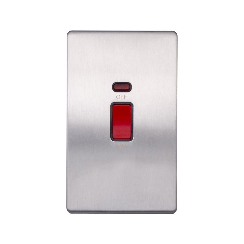 Screwless Raised - Brushed Chrome 45A 1 Gang Double Pole Switch & Neon, Large Plate - Black Trim - SE Home