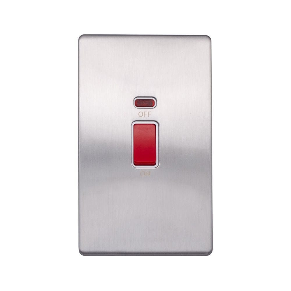 Screwless Raised - Brushed Chrome 45A 1 Gang Double Pole Switch & Neon, Large Plate - White Trim - SE Home