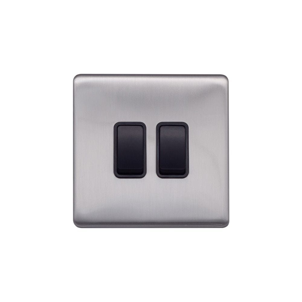 Screwless Raised - Brushed Chrome 10A 2 Gang 2 Way Light Switch - Black Trim - SE Home