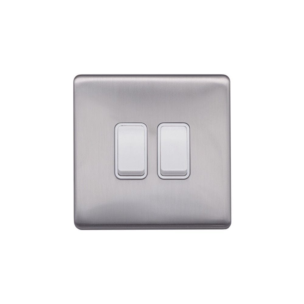 Screwless Raised - Brushed Chrome 10A 2 Gang 2 Way Light Switch - White Trim - SE Home