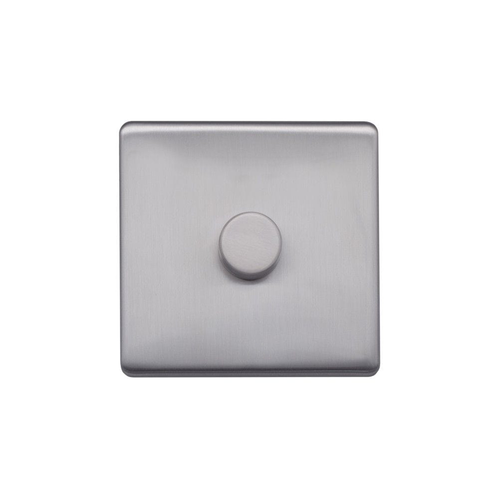 Screwless Raised - Brushed Chrome 100W LED 1 Gang 2 Way Intelligent Trailing Dimmer Switch - Black Trim - SE Home