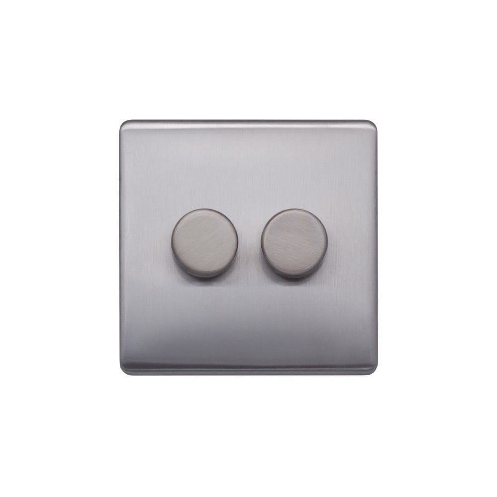 Screwless Raised - Brushed Chrome 100W LED 2 Gang 2 Way Intelligent Trailing Dimmer Switch - Black Trim - SE Home