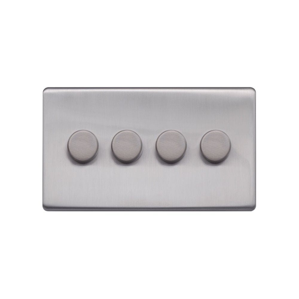 Screwless Raised - Brushed Chrome 100W LED 4 Gang 2 Way Intelligent Trailing Dimmer Switch - Black Trim - SE Home