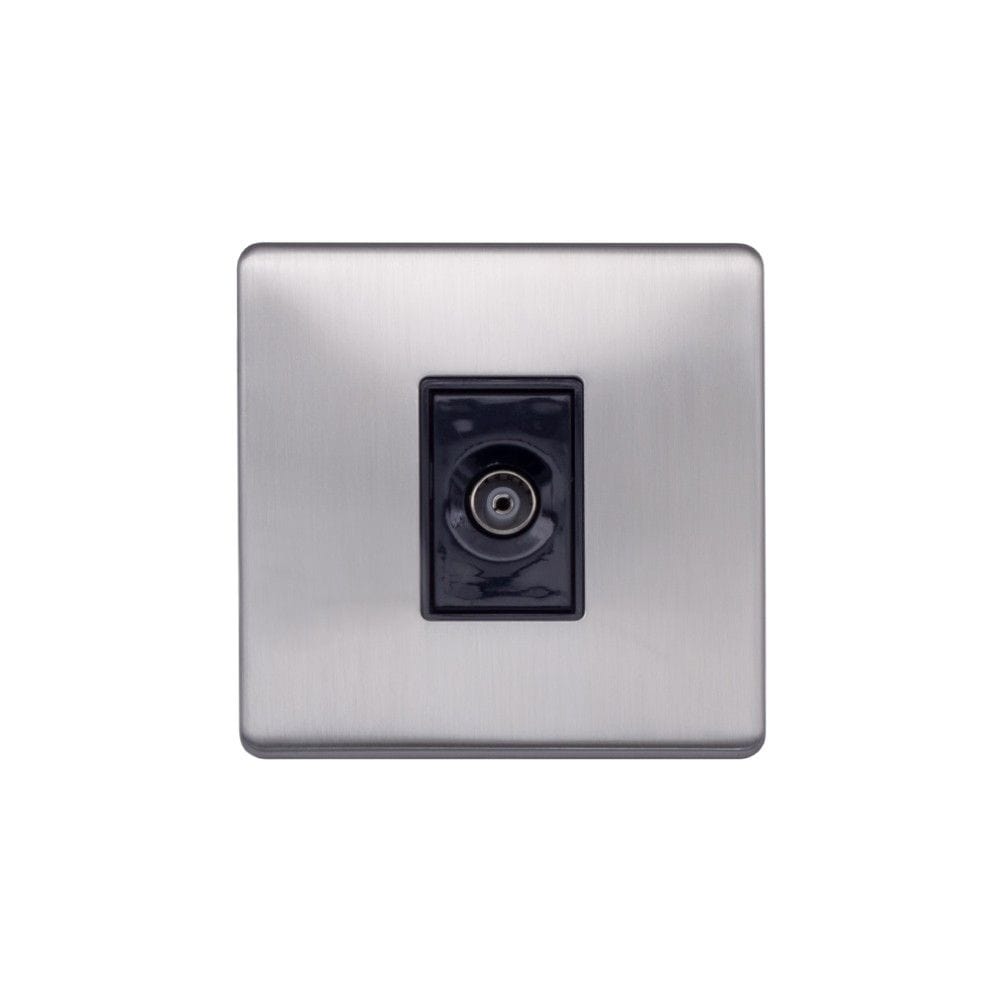 Screwless Raised - Brushed Chrome 1 Gang TV Socket - Black Trim - SE Home