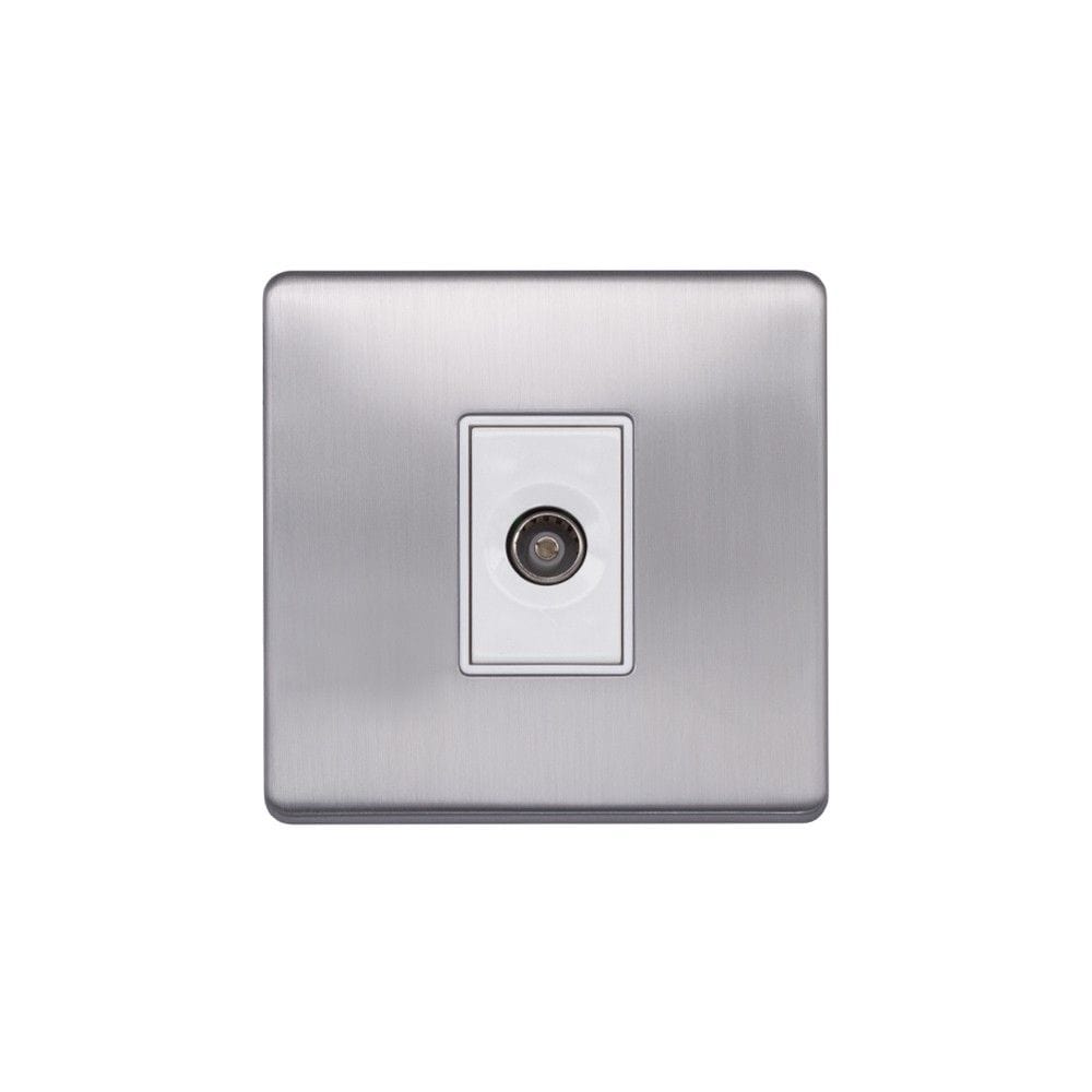 Screwless Raised - Brushed Chrome 1 Gang TV Socket - White Trim - SE Home