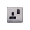 Screwless Raised - Brushed Chrome 13A 1 Gang Switched Plug Socket, Double Pole - Black Trim - SE Home