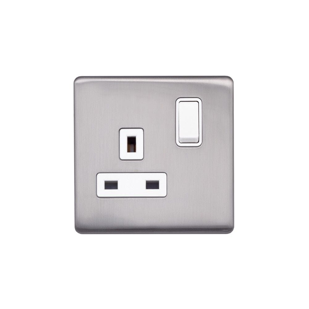 Screwless Raised - Brushed Chrome 13A 1 Gang Switched Plug Socket, Double Pole - White Trim - SE Home