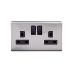 Screwless Raised - Brushed Chrome 13A 2 Gang Switched Plug Socket, Double Pole - Black Trim - SE Home