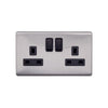 Screwless Raised - Brushed Chrome 13A 2 Gang Switched Plug Socket, Double Pole - Black Trim - SE Home