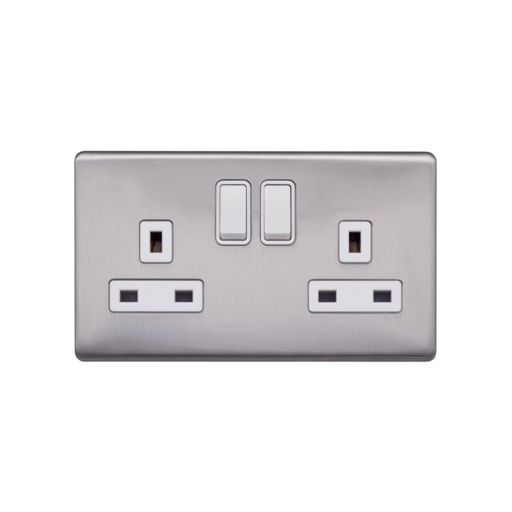 Screwless Raised - Brushed Chrome 13A 2 Gang Switched Plug Socket, Double Pole - White Trim - SE Home