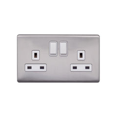 Screwless Raised - Brushed Chrome 13A 2 Gang Switched Plug Socket, Double Pole - White Trim - SE Home