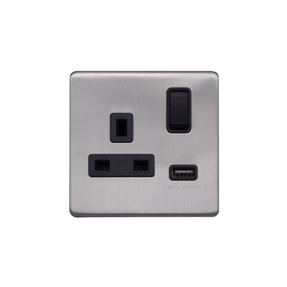 Screwless Raised - Brushed Chrome 13A 1 Gang Switched Plug Socket (3.1 ...
