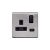 Screwless Raised - Brushed Chrome 13A 1 Gang Switched Plug Socket (3.1A) USB Outlet - Black Trim - SE Home
