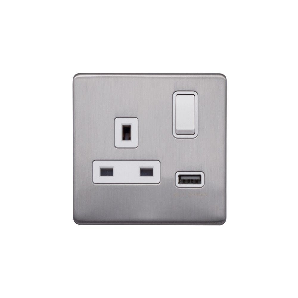 Screwless Raised - Brushed Chrome 13A 1 Gang Switched Plug Socket (3.1A) USB Outlet - White Trim - SE Home