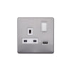 Screwless Raised - Brushed Chrome 13A 1 Gang Switched Plug Socket (3.1A) USB Outlet - White Trim - SE Home
