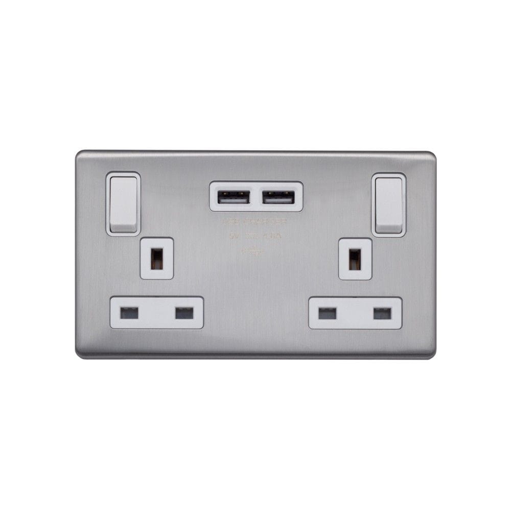 Screwless Raised - Brushed Chrome 13A 2 Gang Switched DP Socket 2 x USB Outlet (4.8A) - White Trim - SE Home
