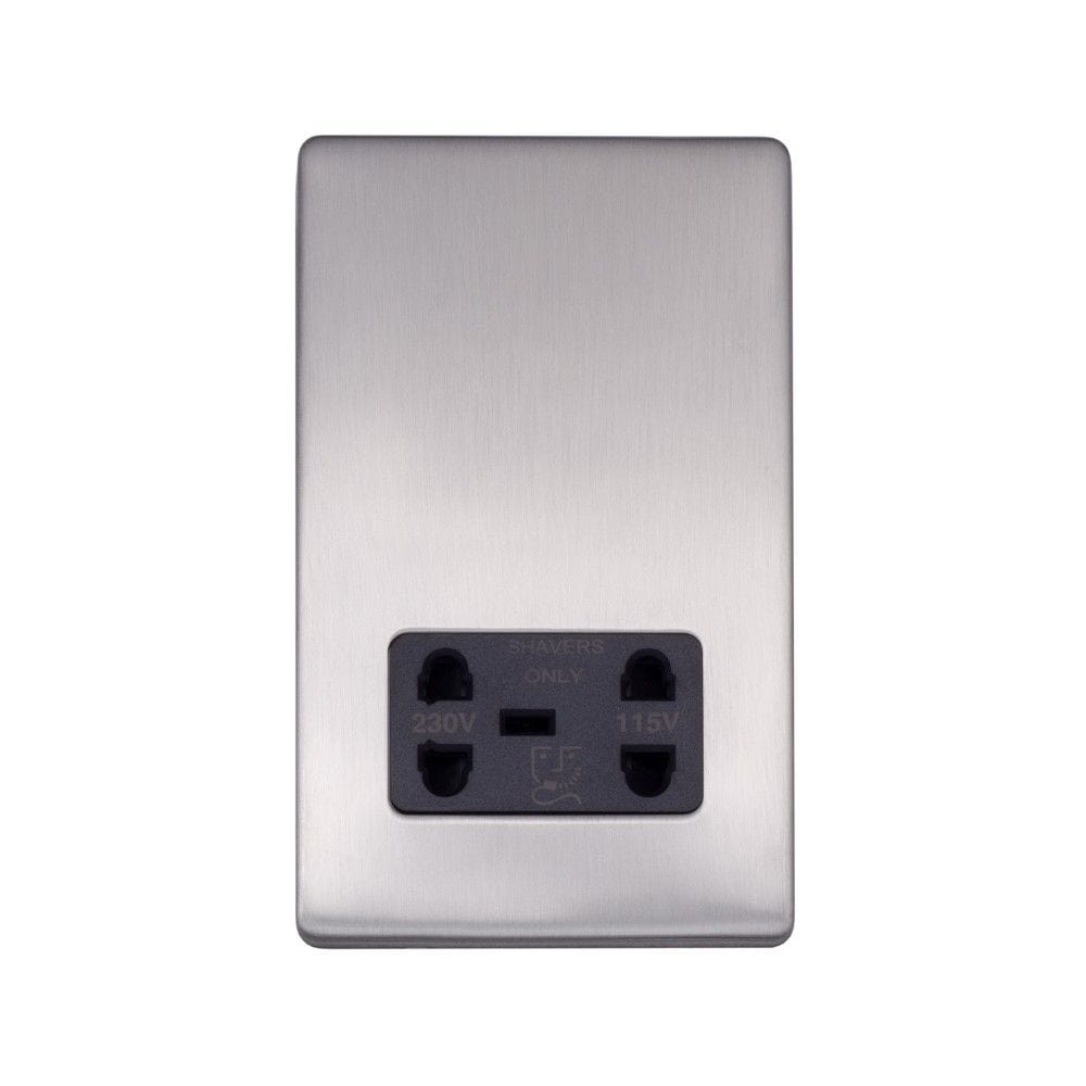Screwless Raised - Brushed Chrome Shaver Socket 230/115V Plate - Black Trim - SE Home