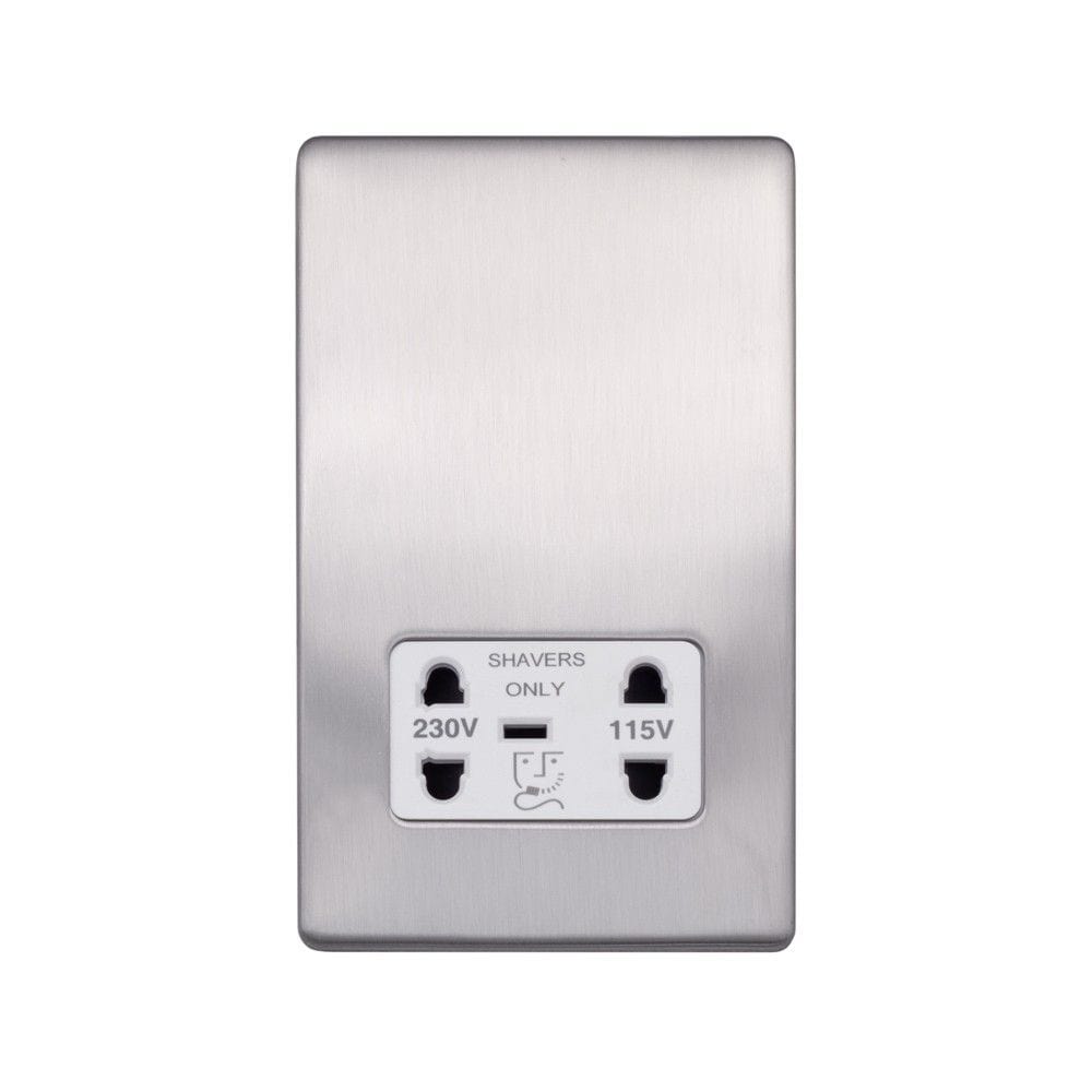 Screwless Raised - Brushed Chrome Shaver Socket 230/115V Plate - White Trim - SE Home