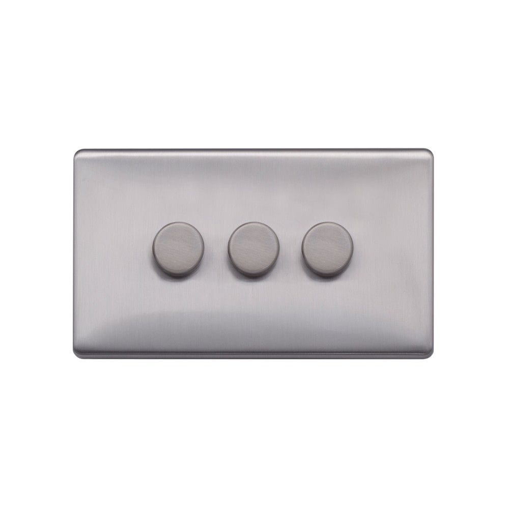 Screwless Raised - Brushed Chrome 100W LED 3 Gang 2 Way Intelligent Trailing Dimmer Switch - Black Trim - SE Home