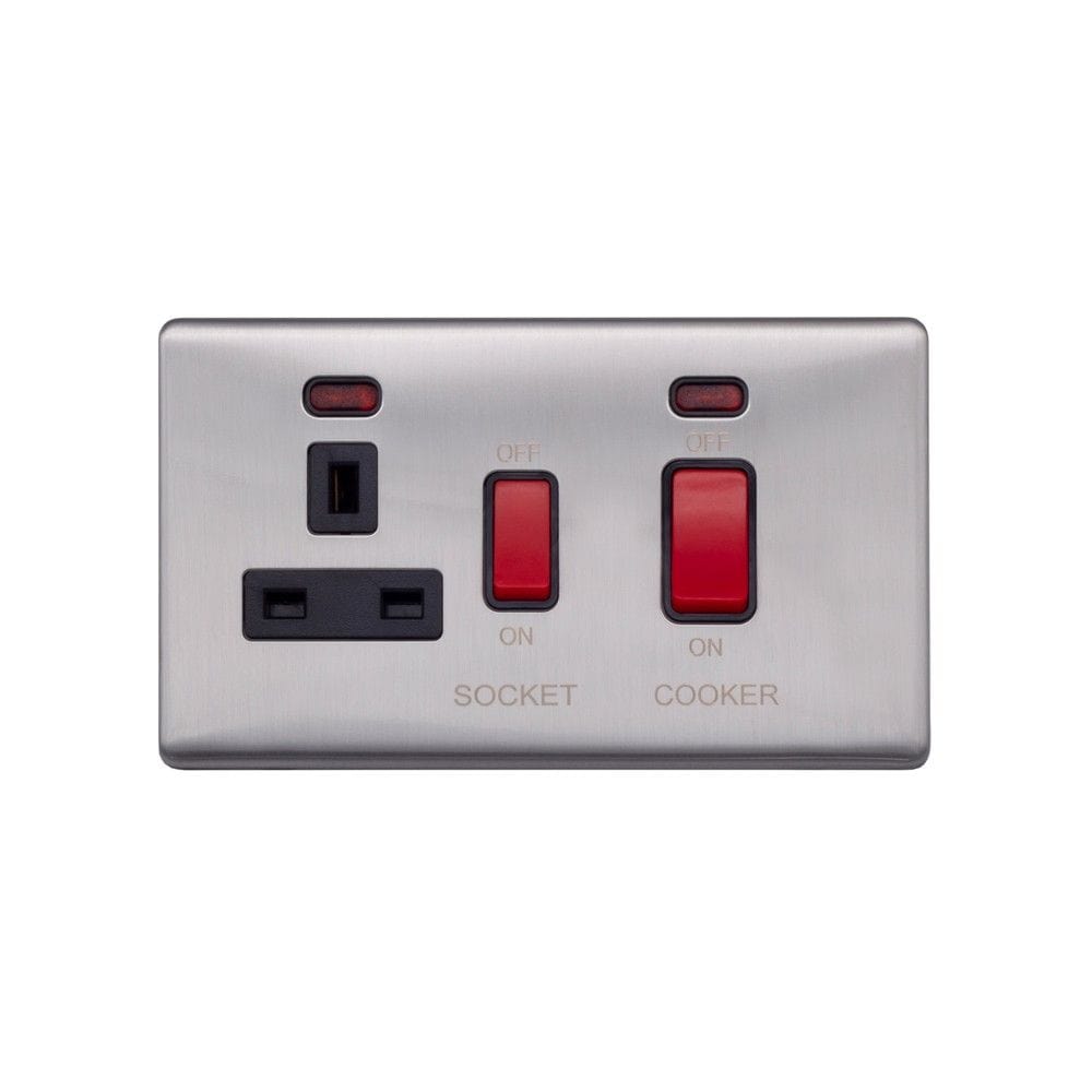 Screwless Raised - Brushed Chrome 45A Cooker Control Unit & Neon-Black Trim - Black Trim - SE Home