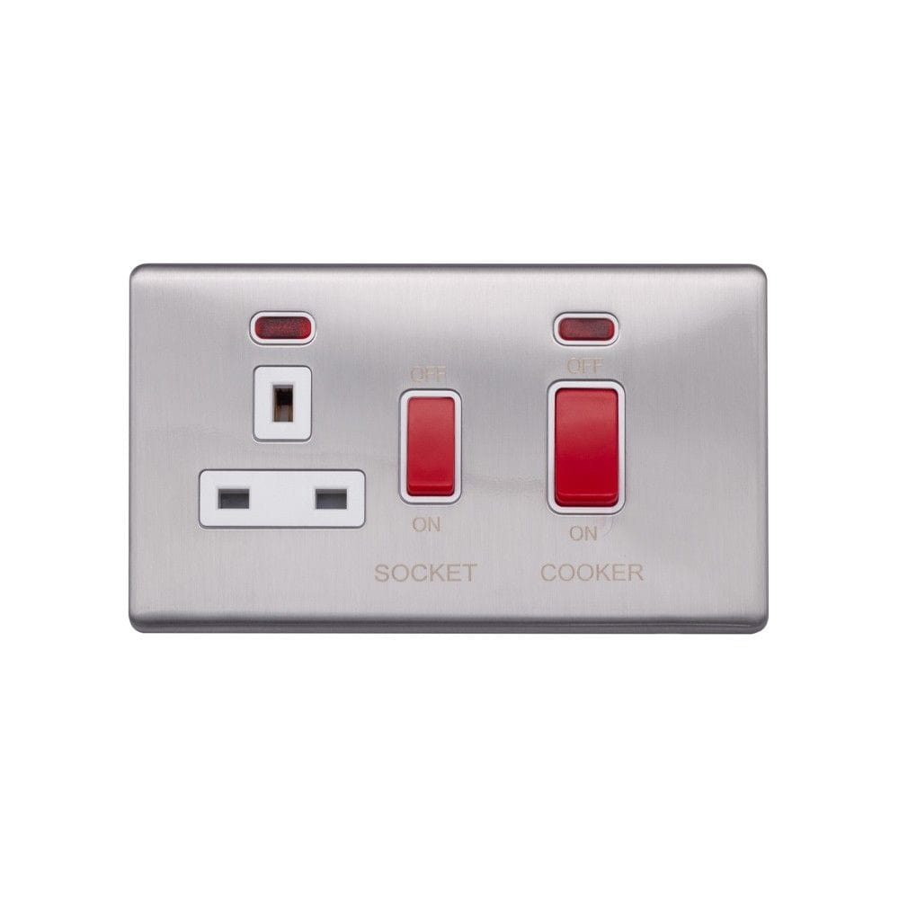Screwless Raised - Brushed Chrome 45A Cooker Control Unit & Neon- White Trim - SE Home