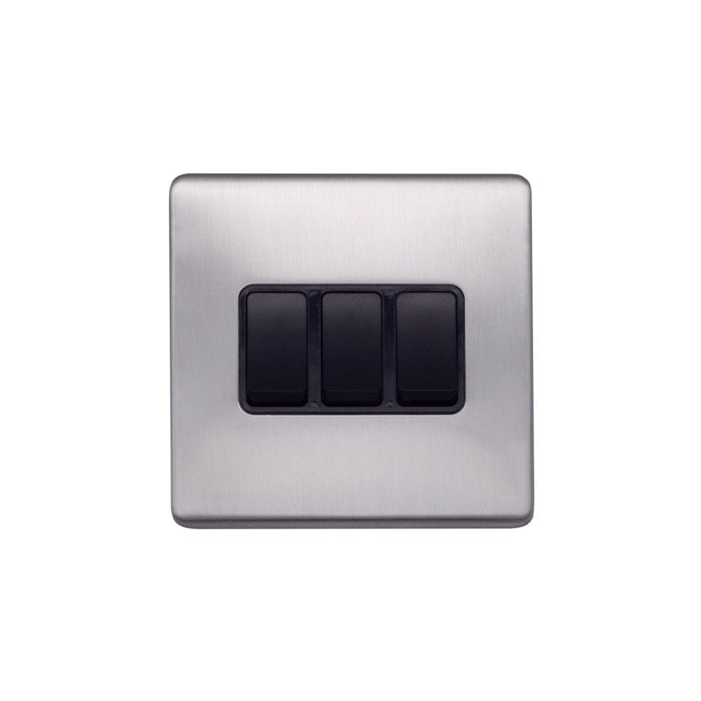 Screwless Raised - Brushed Chrome 10A 3 Gang 2 Way Light Switch - Black Trim - SE Home