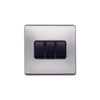 Screwless Raised - Brushed Chrome 10A 3 Gang 2 Way Light Switch - Black Trim - SE Home