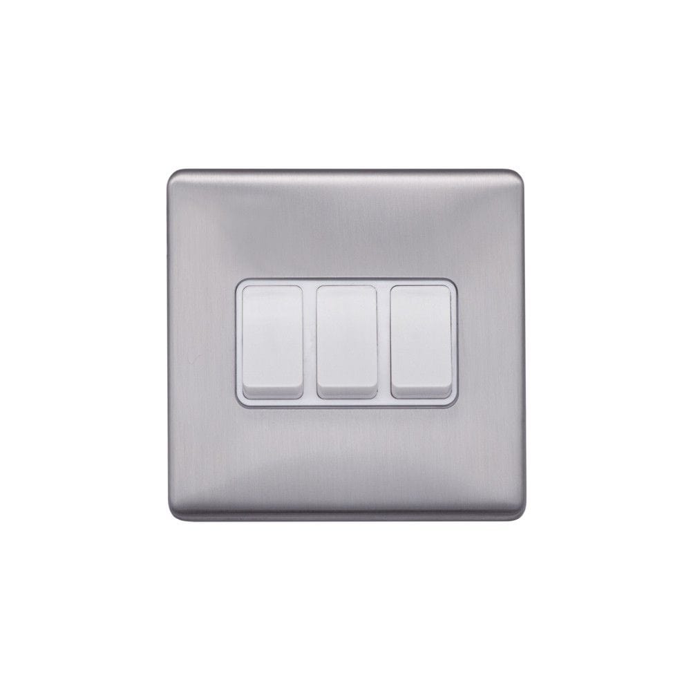 Screwless Raised - Brushed Chrome 10A 3 Gang 2 Way Light Switch - White Trim - SE Home