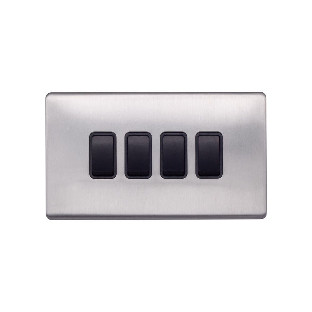 Screwless Raised - Brushed Chrome 10A 4 Gang 2 Way Light Switch - Black Trim - SE Home