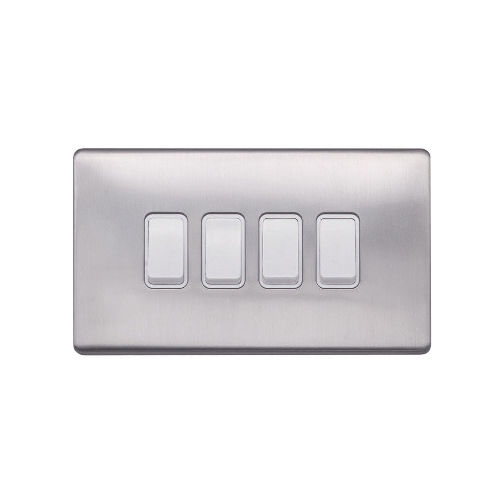 Screwless Raised - Brushed Chrome 10A 4 Gang 2 Way Light Switch - White Trim - SE Home