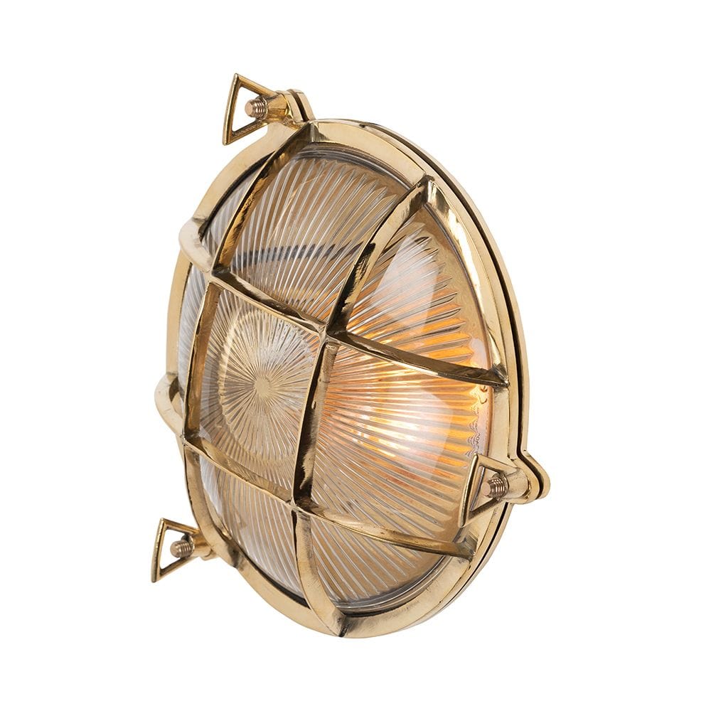 Industrial & Nautical Wall Lights Carlisle Grid Prismatic Glass Polished Brass IP66 Bulkhead Wall Light - The Outdoor & Bathroom Collection